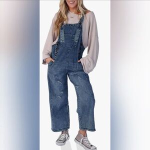 Women’s Denim Loose Fit Summer Baggy Distressed Adjustable Strap Overalls